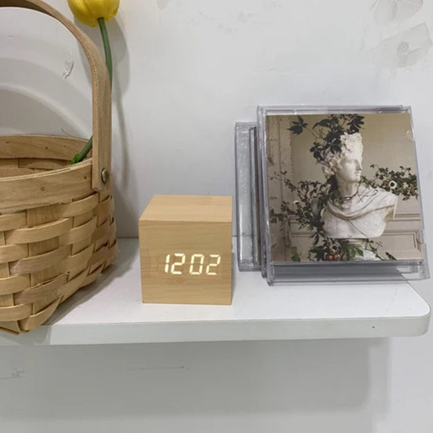 Cube Wooden Alarm Clock