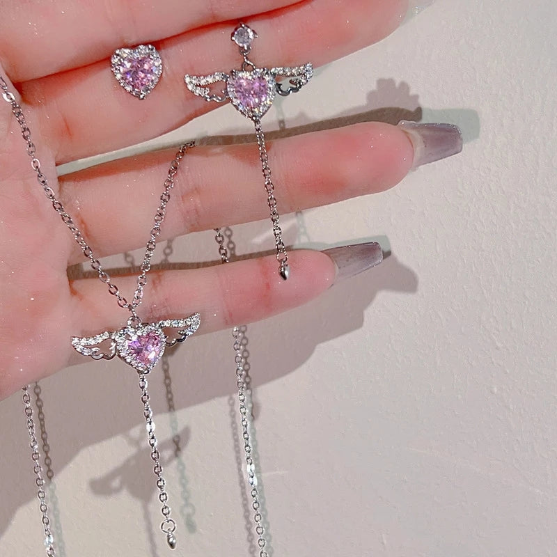 Coquette Pink Heart Wings Necklace