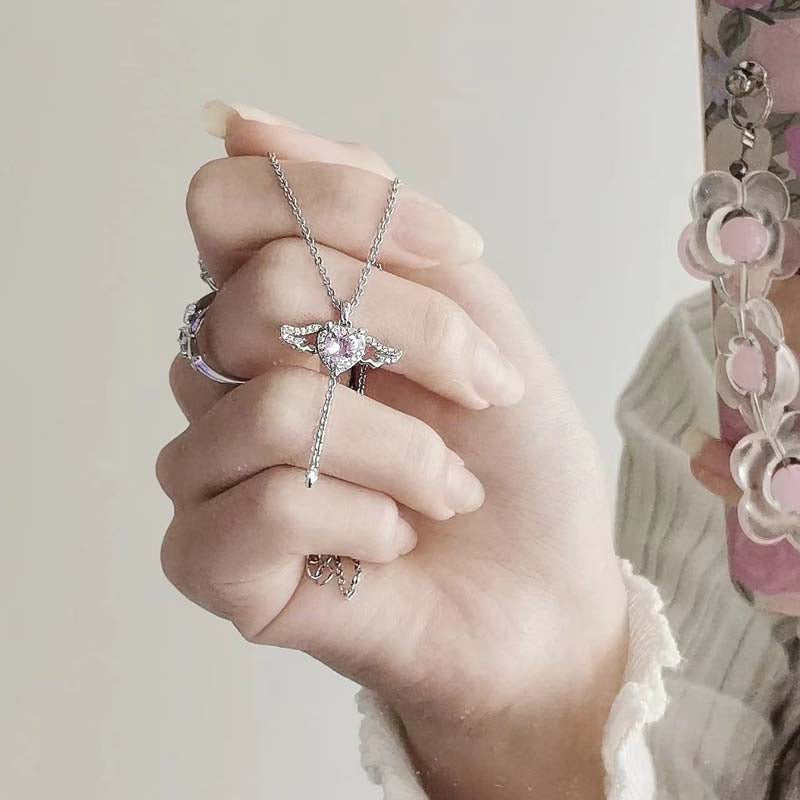 Coquette Pink Heart Wings Necklace