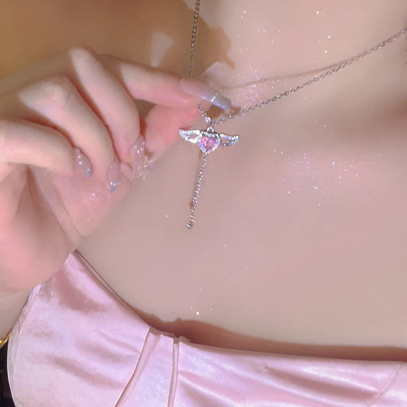 Coquette Pink Heart Wings Necklace