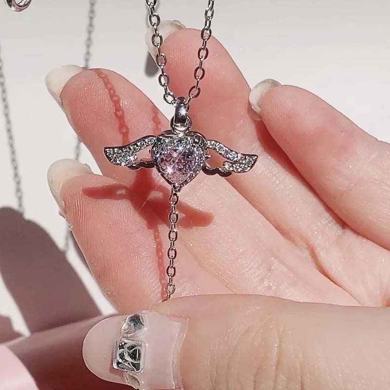 Coquette Pink Heart Wings Necklace