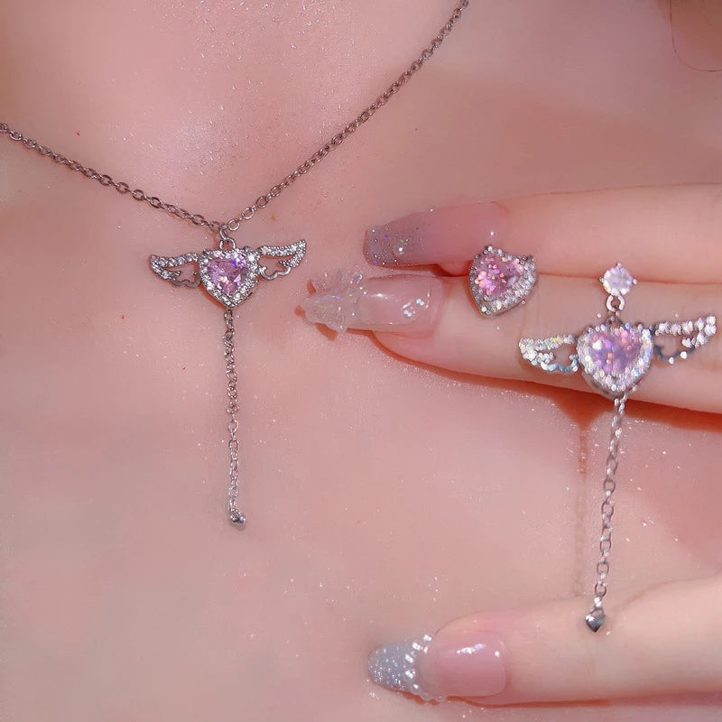 Coquette Pink Heart Wings Necklace