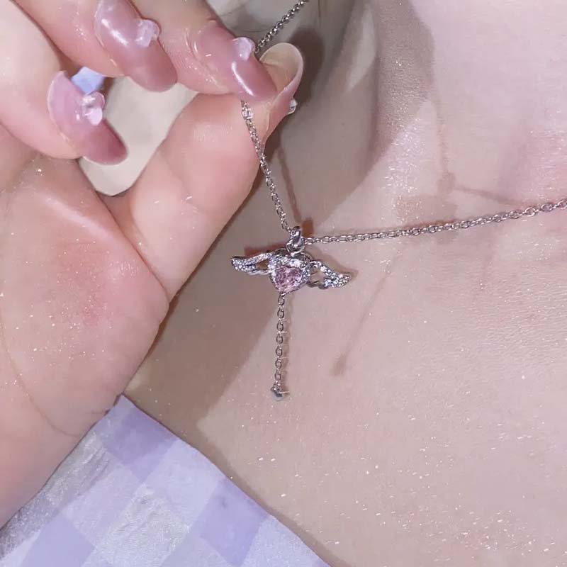 Coquette Pink Heart Wings Necklace