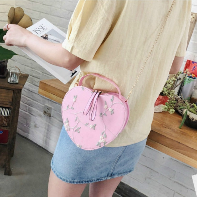 Heart Shaped Crossbody Bag With Floral Embroidery