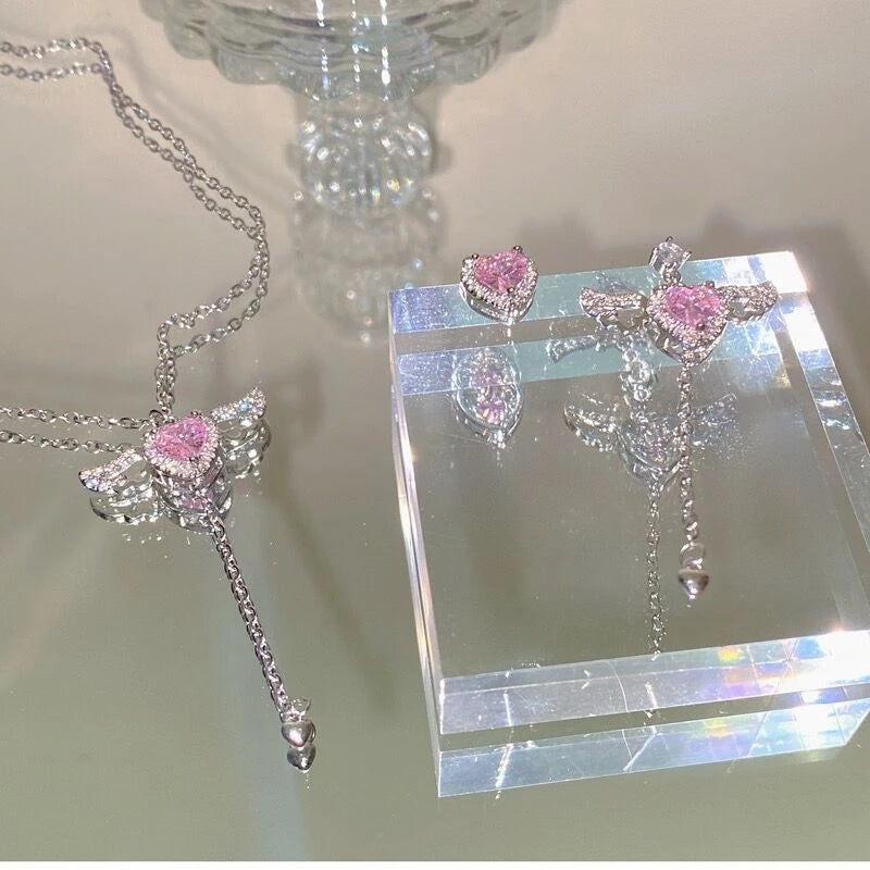 Coquette Pink Heart Wings Necklace